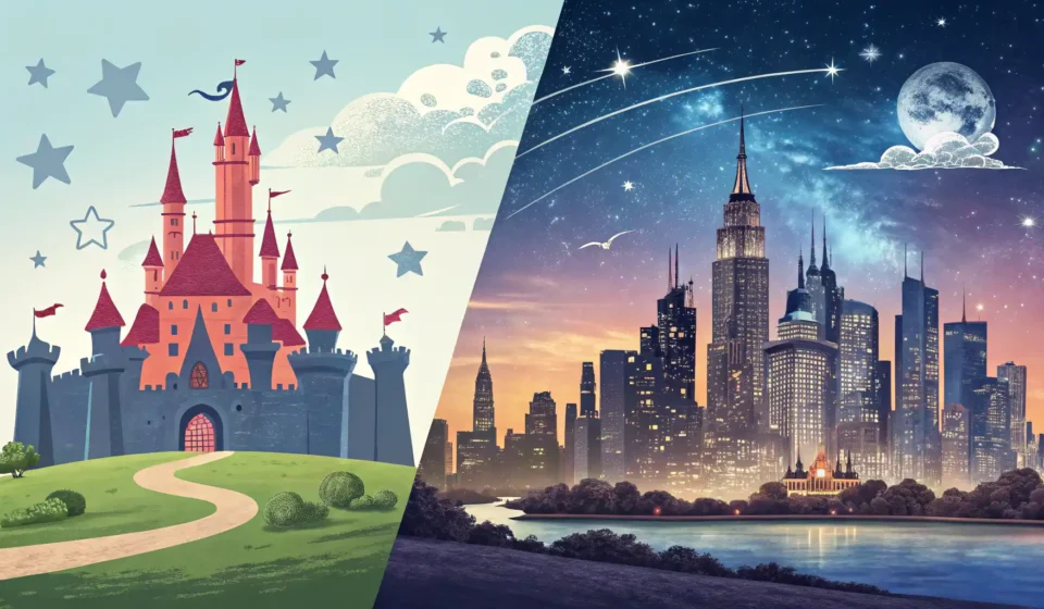 동화 속 성과 공식 문서 이미지를 통해 'Ever after'와 'Thereafter' 영어 표현의 뉘앙스 차이를 보여주는 썸네일