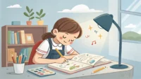 교환학생 영어 표현 학습을 상징하는 학생, 노트, 지구본, 비행기 아이콘이 그려진 썸네일 이미지