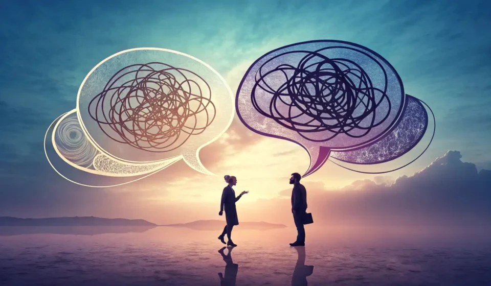 깊이 있는 영어 대화와 이해를 상징하는 추상적인 말풍선 그래픽