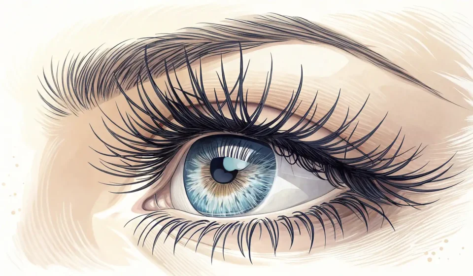 긴 속눈썹이 강조된 눈 그림과 영어 학습을 상징하는 아이콘이 있는 '속눈썹 영어로' 표현 배우기 썸네일 이미지