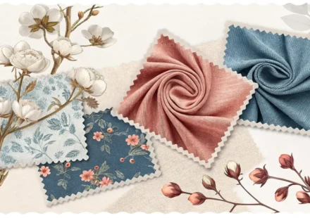 다양한 질감과 색상의 패브릭 견본들과 이를 비추는 돋보기가 놓여 있어, 원단 관련 영어 표현 학습 주제를 나타내는 이미지.