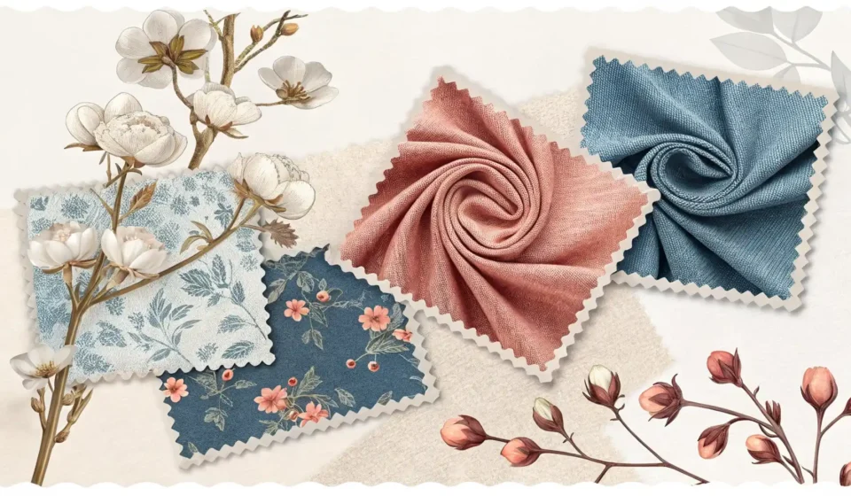 다양한 질감과 색상의 패브릭 견본들과 이를 비추는 돋보기가 놓여 있어, 원단 관련 영어 표현 학습 주제를 나타내는 이미지.