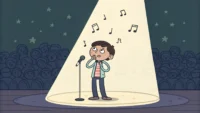 벡터 아트 스타일, 무대 위 스포트라이트 아래에서 'Face the music?'라는 영어 표현을 떠올리는 사람 이미지. 행동의 결과를 받아들이는 영어 표현 배우기.