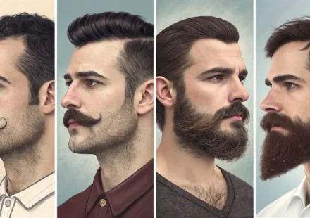 콧수염, 턱수염, 염소수염, 구레나룻 등 다양한 종류의 수염 스타일을 보여주는 일러스트. 수염 관련 영어 표현 학습 콘텐츠임을 나타냄.