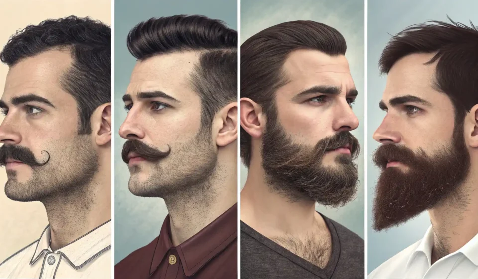 콧수염, 턱수염, 염소수염, 구레나룻 등 다양한 종류의 수염 스타일을 보여주는 일러스트. 수염 관련 영어 표현 학습 콘텐츠임을 나타냄.