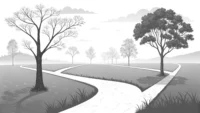 'Far'와 'Distant'의 차이를 보여주는 갈림길과 먼 산 그림, 영어 거리 표현 배우기.
