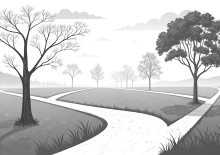'Far'와 'Distant'의 차이를 보여주는 갈림길과 먼 산 그림, 영어 거리 표현 배우기.