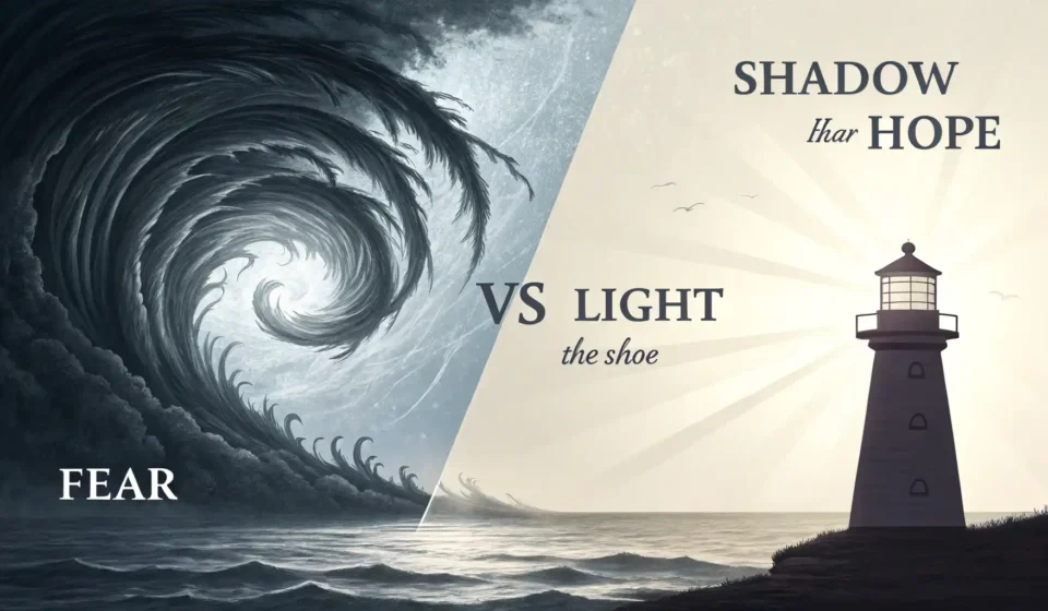 두려움을 나타내는 어두운 이미지에서 영어 표현 학습을 상징하는 밝은 아이콘으로 전환되는 그래픽