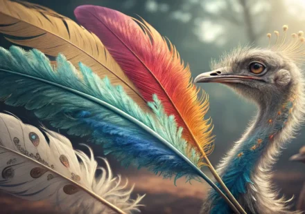 다양한 종류의 화려한 깃털들과 영어 사전이 함께 놓여 있어 '깃털 장식' 관련 영어 표현 학습을 상징하는 이미지