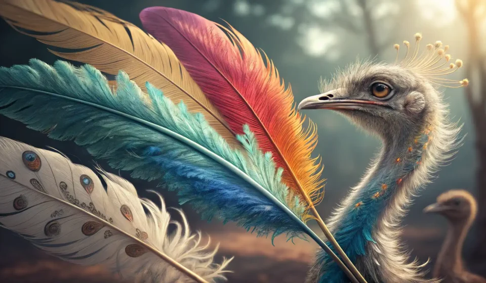 다양한 종류의 화려한 깃털들과 영어 사전이 함께 놓여 있어 '깃털 장식' 관련 영어 표현 학습을 상징하는 이미지