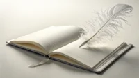 영어 단어 'feather' 학습을 상징하는 하얀 깃털과 빈 노트 이미지