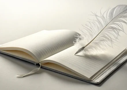 영어 단어 'feather' 학습을 상징하는 하얀 깃털과 빈 노트 이미지