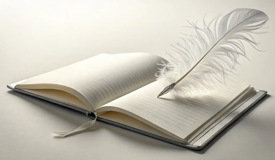 영어 단어 'feather' 학습을 상징하는 하얀 깃털과 빈 노트 이미지