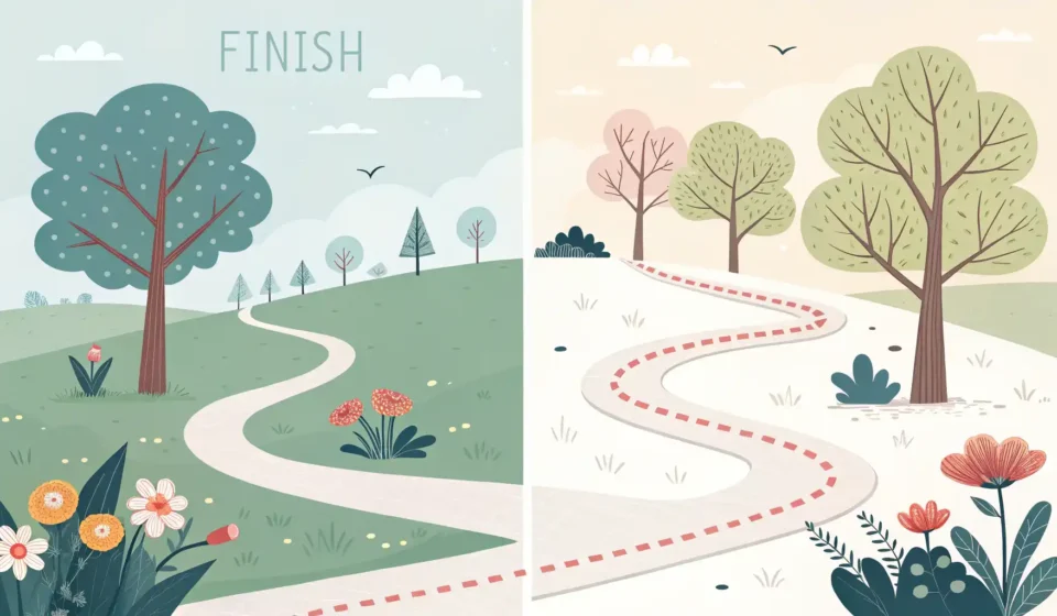 결승선 깃발 아이콘과 굳게 닫힌 문 아이콘이 나란히 표시되어, 영어 표현 'Finally'와 'Once and for all'의 의미 차이를 시각적으로 나타내는 이미지.