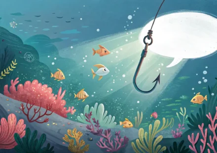 낚시 관련 영어 표현 배우기: 물속에서 빛나는 영어 말풍선을 낚는 낚싯바늘 그림.