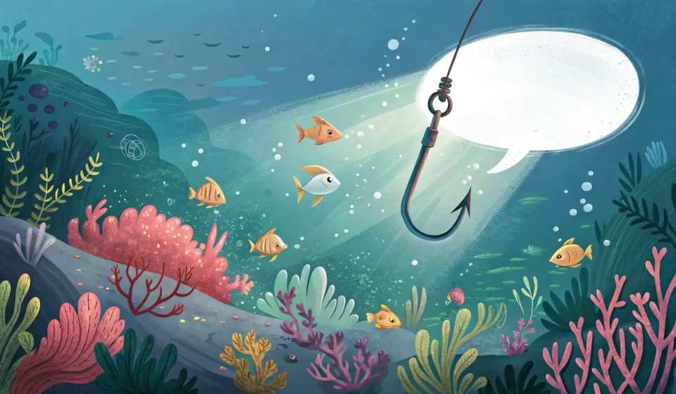 낚시 관련 영어 표현 배우기: 물속에서 빛나는 영어 말풍선을 낚는 낚싯바늘 그림.