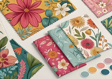 다양한 종류의 꽃무늬 원단 견본과 영어 표현 학습을 상징하는 아이콘이 함께 있는 이미지