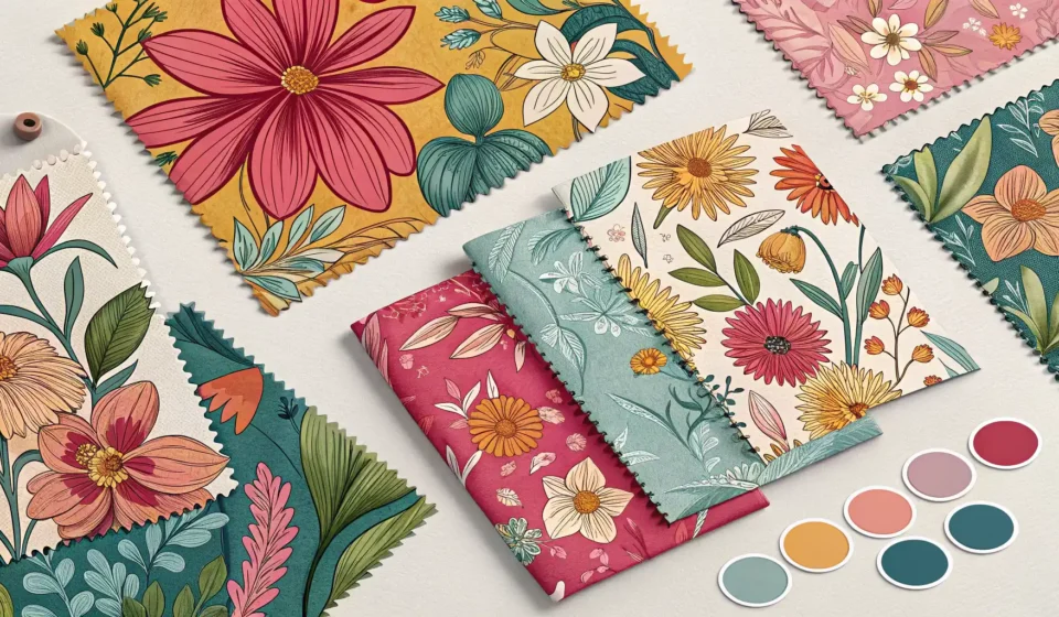 다양한 종류의 꽃무늬 원단 견본과 영어 표현 학습을 상징하는 아이콘이 함께 있는 이미지