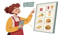 음식 배달 영어 표현 배우기: 메뉴를 보며 자신있게 영어로 소통하는 사람 일러스트
