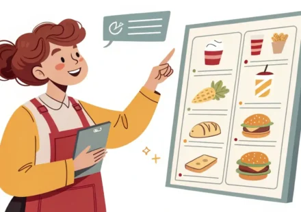음식 배달 영어 표현 배우기: 메뉴를 보며 자신있게 영어로 소통하는 사람 일러스트