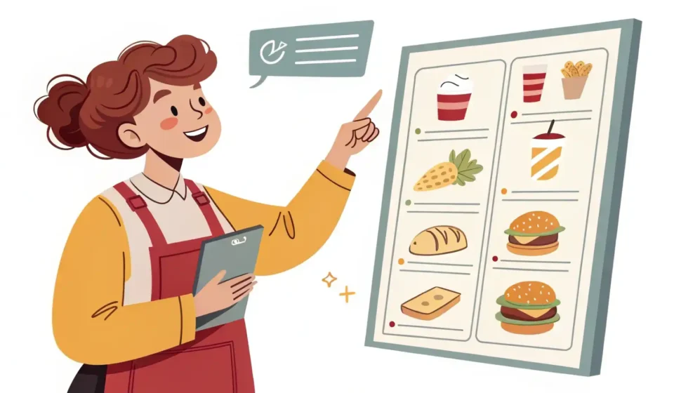 음식 배달 영어 표현 배우기: 메뉴를 보며 자신있게 영어로 소통하는 사람 일러스트