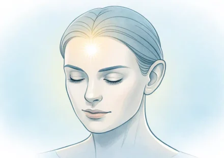 얼굴의 이마 부분을 강조하며 영어 단어 학습을 상징하는 깔끔한 일러스트레이션