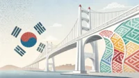 외국계 기업 관련 영어 표현 학습을 시각화한 이미지, 한글 패턴과 영문 알파벳 및 비즈니스 아이콘이 연결된 모습.