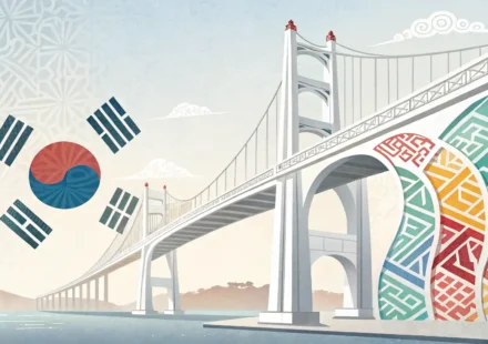 외국계 기업 관련 영어 표현 학습을 시각화한 이미지, 한글 패턴과 영문 알파벳 및 비즈니스 아이콘이 연결된 모습.