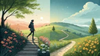 'From now on'과 'Going forward' 영어 표현의 뉘앙스 차이를 시각적으로 나타내는 이미지: 개인적인 결심과 미래 지향적 계획.