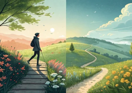 'From now on'과 'Going forward' 영어 표현의 뉘앙스 차이를 시각적으로 나타내는 이미지: 개인적인 결심과 미래 지향적 계획.