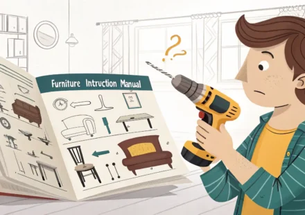 가구 조립 설명서를 보며 영어 표현을 배우는 모습 일러스트