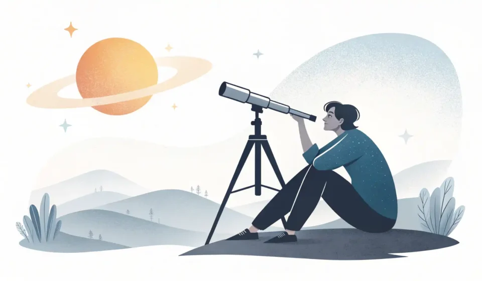 미래를 상징하는 밝은 수평선을 망원경으로 바라보는 사람과 영어 학습을 나타내는 알파벳 아이콘.