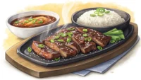 맛있게 구워진 갈비와 영어를 배우는 것을 나타내는 말풍선 아이콘이 함께 있는 이미지
