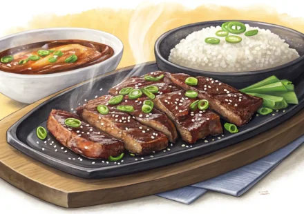 맛있게 구워진 갈비와 영어를 배우는 것을 나타내는 말풍선 아이콘이 함께 있는 이미지