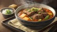 김이 나는 맛있는 갈비탕 한 그릇 옆에 영어 공부 노트와 펜이 놓여 있어 갈비탕 관련 영어 표현 학습을 시각적으로 나타내는 이미지