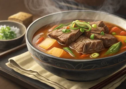 김이 나는 맛있는 갈비탕 한 그릇 옆에 영어 공부 노트와 펜이 놓여 있어 갈비탕 관련 영어 표현 학습을 시각적으로 나타내는 이미지