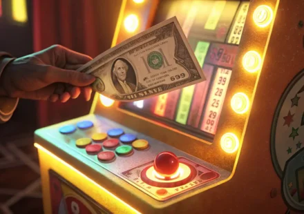 아케이드 게임 센터 토큰 교환기에 지폐를 넣고 게임 토큰을 받는 장면 일러스트