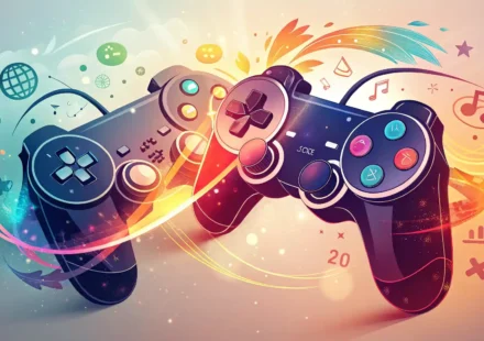 게임 컨트롤러와 말풍선 아이콘이 합쳐져 빛나는 추상적인 이미지, 게임 속 영어 표현 학습을 상징함.