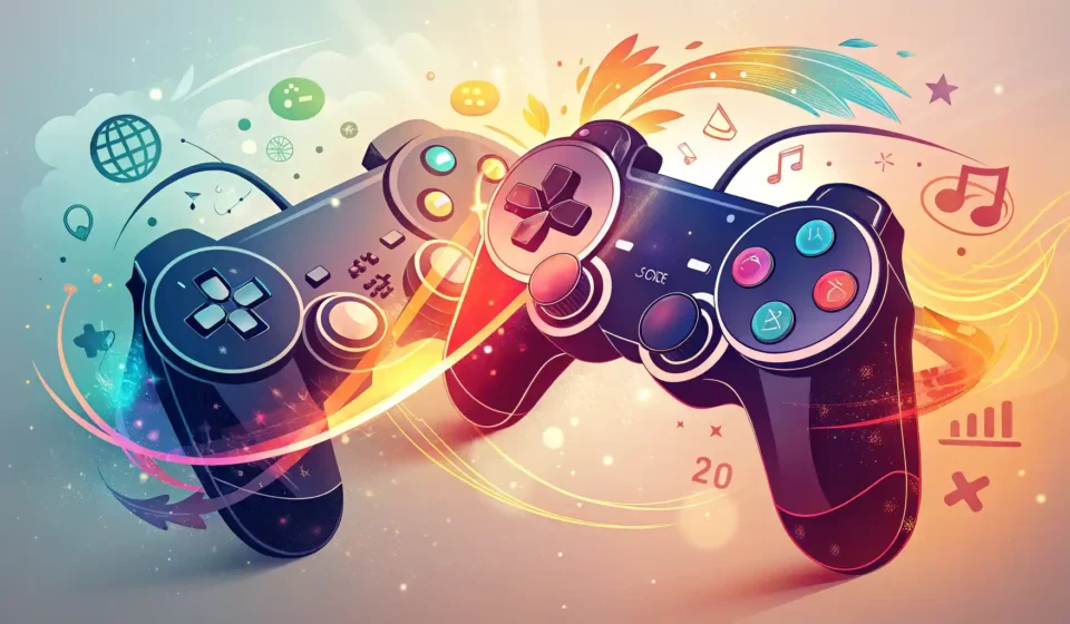 게임 컨트롤러와 말풍선 아이콘이 합쳐져 빛나는 추상적인 이미지, 게임 속 영어 표현 학습을 상징함.