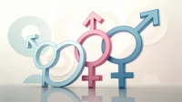젠더 관련 영어 표현 학습을 상징하는 다양한 젠더 기호와 말풍선 아이콘 이미지