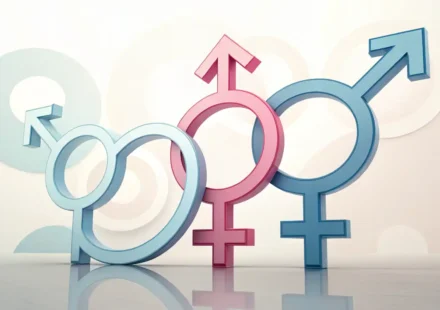 젠더 관련 영어 표현 학습을 상징하는 다양한 젠더 기호와 말풍선 아이콘 이미지