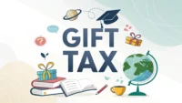 선물 상자와 세금 서류 아이콘 옆에 'Gift Tax'라고 쓰여 있는 이미지, 증여세 관련 영어 표현 학습 콘텐츠임을 나타냄.