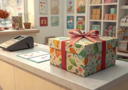 선물 포장 요청 관련 영어 표현 학습: 예쁘게 포장된 선물 상자와 영국/미국 국기 그림이 있는 말풍선 아이콘.