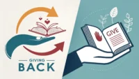영어 표현 'Give back'과 'Give out'의 의미 차이를 시각적으로 보여주는 이미지. 돌려주는 손과 나눠주는 손 아이콘 비교.