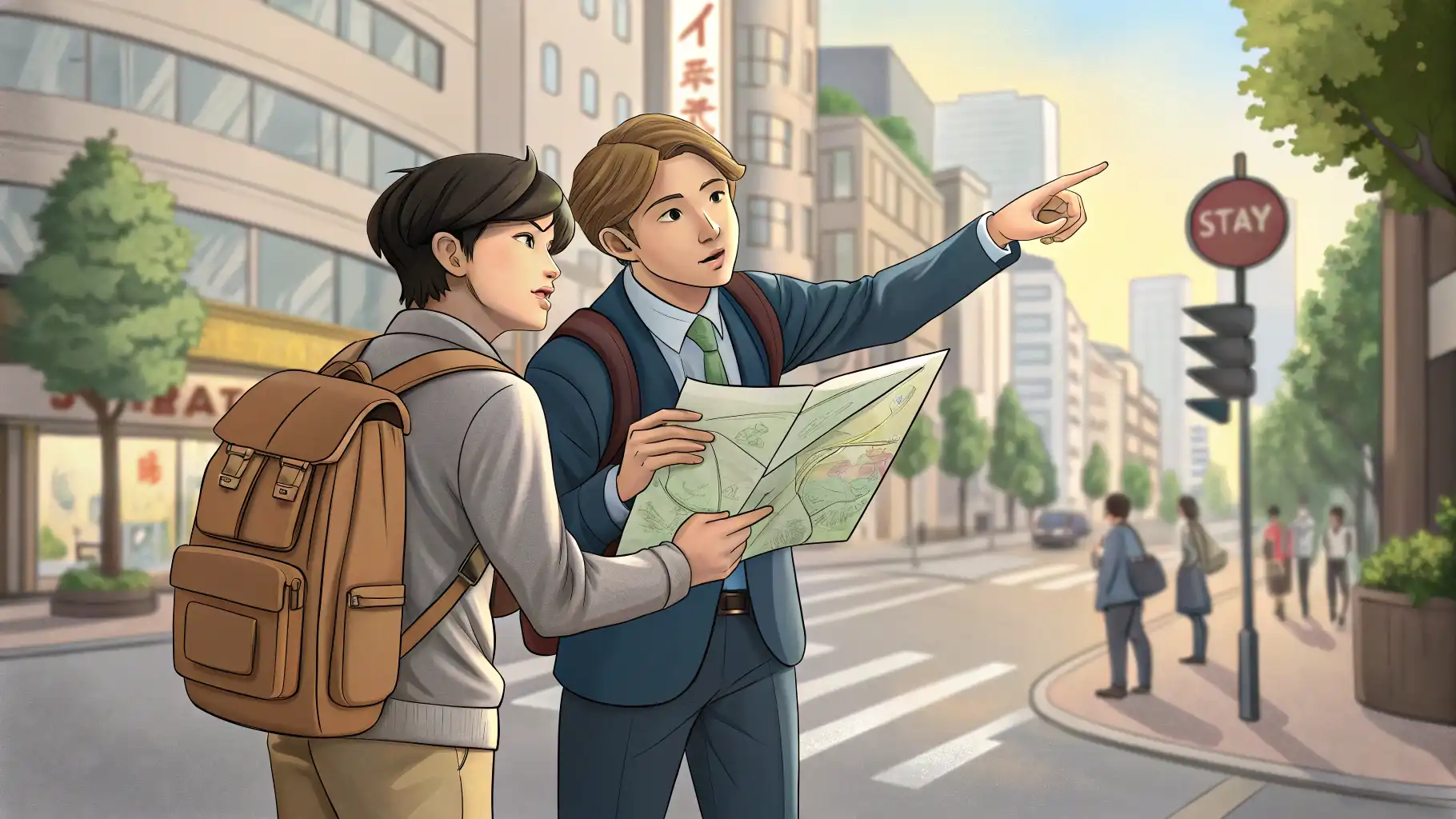 관광객에게 영어로 친절하게 길을 알려주는 사람의 모습 일러스트