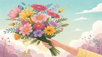 다채로운 꽃다발을 들고 있는 손과 "give flowers"라는 영어 표현이 적힌 말풍선이 있는 이미지, 꽃 선물 관련 영어 학습 콘텐츠임을 나타냄.