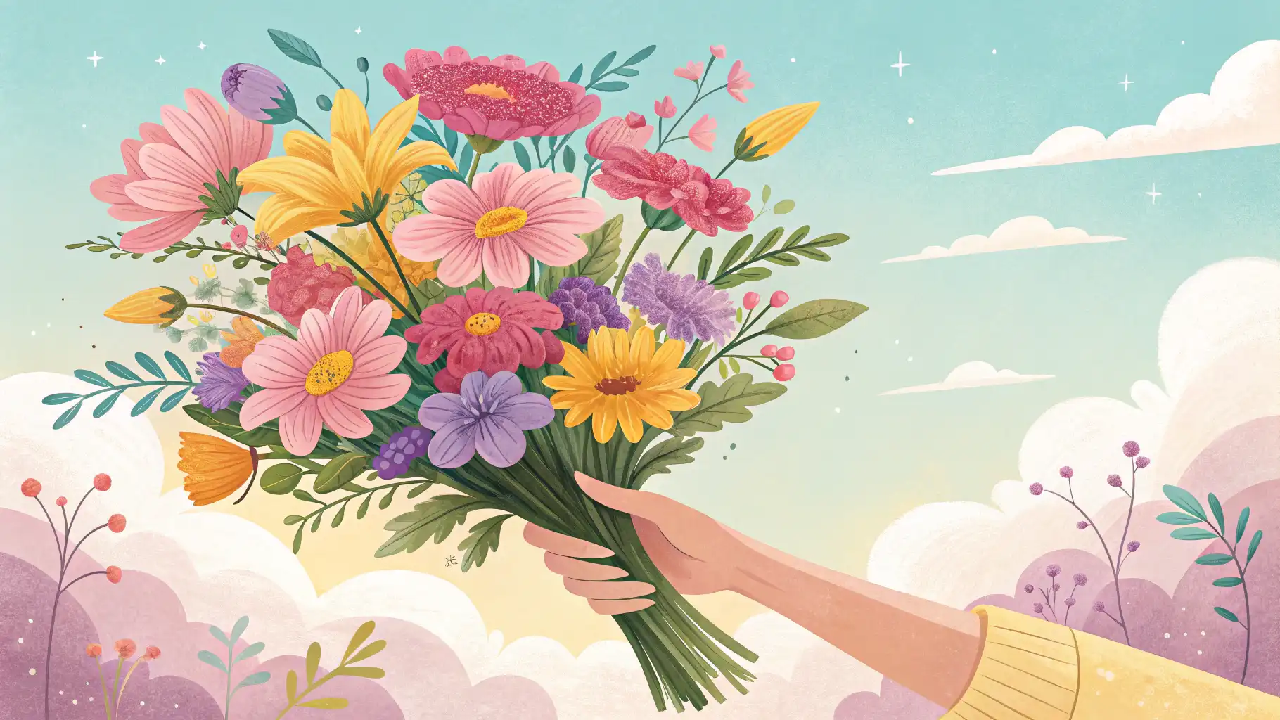 다채로운 꽃다발을 들고 있는 손과 "give flowers"라는 영어 표현이 적힌 말풍선이 있는 이미지, 꽃 선물 관련 영어 학습 콘텐츠임을 나타냄.