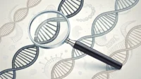 GMO 관련 영어 표현 학습을 상징하는 돋보기, DNA 가닥, 말풍선, 책 아이콘 그래픽