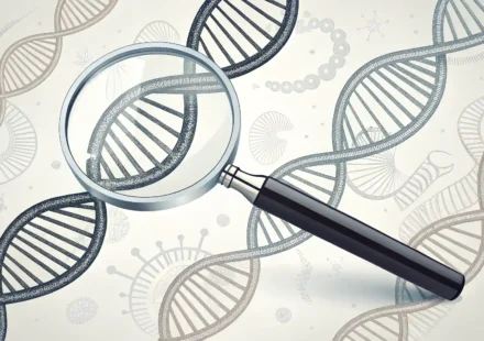 GMO 관련 영어 표현 학습을 상징하는 돋보기, DNA 가닥, 말풍선, 책 아이콘 그래픽