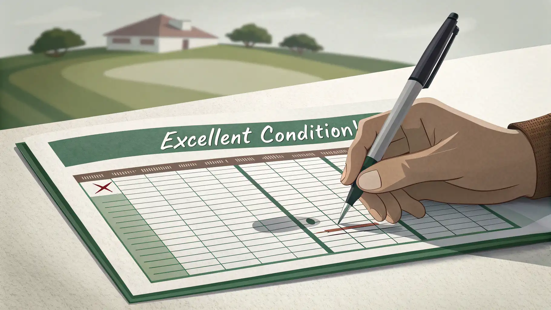 골프 스코어카드에 영어로 "Excellent condition!"이라고 적는 손과 주변에 떠 있는 말풍선, ABC 블록 아이콘 - 골프 리뷰 영어 표현 학습 컨셉 이미지